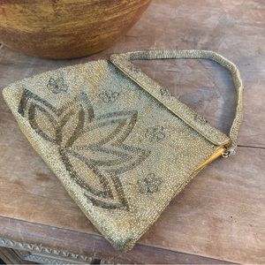 Vintage French‎ DELILL Purse gold beaded lotus flower mini strap dainty art deco
